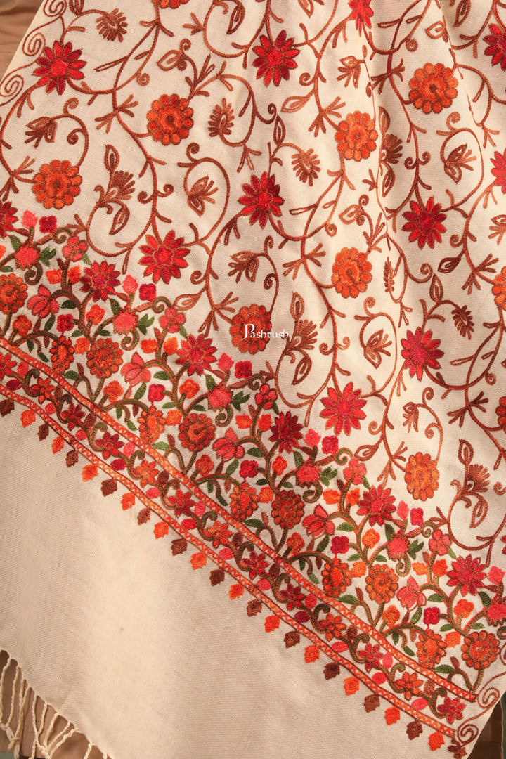 Pashtush India Womens Stoles and Scarves Scarf Pashtush Womens Fine Wool Stole, Aari Embroidery Flower Design, Ivory