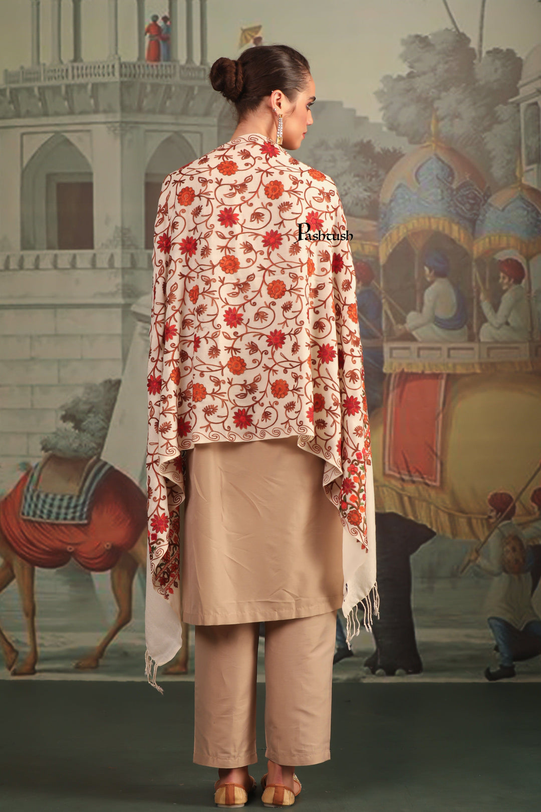 Pashtush India Womens Stoles and Scarves Scarf Pashtush Womens Fine Wool Stole, Aari Embroidery Flower Design, Ivory