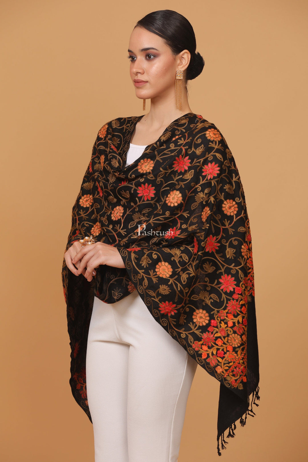 Pashtush India Womens Stoles and Scarves Scarf Pashtush womens Fine Wool stole, aari embroidery jaal design, Black