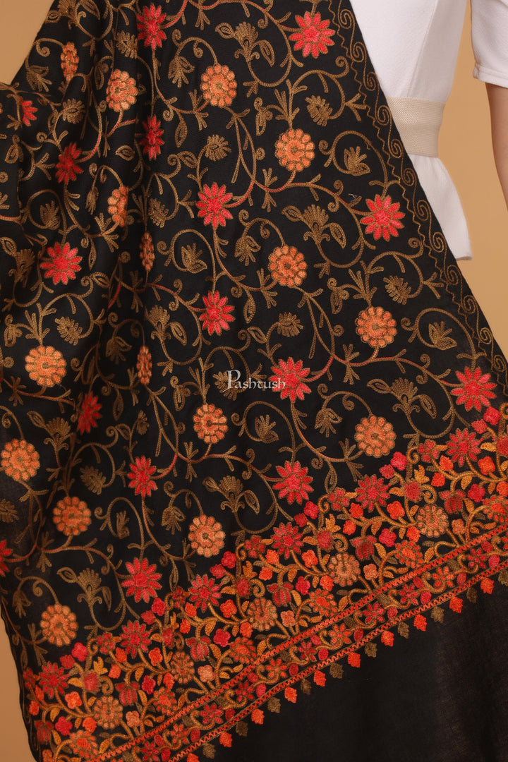 Pashtush India Womens Stoles and Scarves Scarf Pashtush womens Fine Wool stole, aari embroidery jaal design, Black