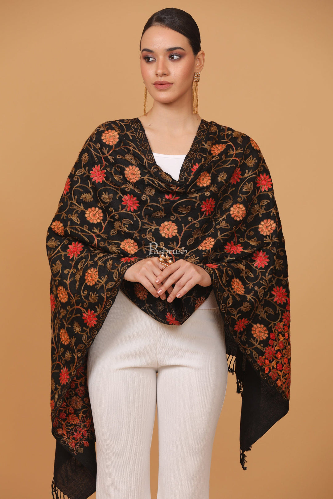 Pashtush India Womens Stoles and Scarves Scarf Pashtush womens Fine Wool stole, aari embroidery jaal design, Black