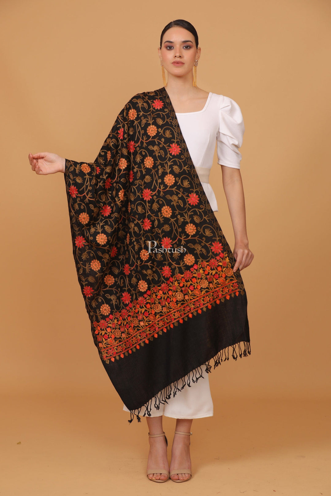 Pashtush India Womens Stoles and Scarves Scarf Pashtush womens Fine Wool stole, aari embroidery jaal design, Black