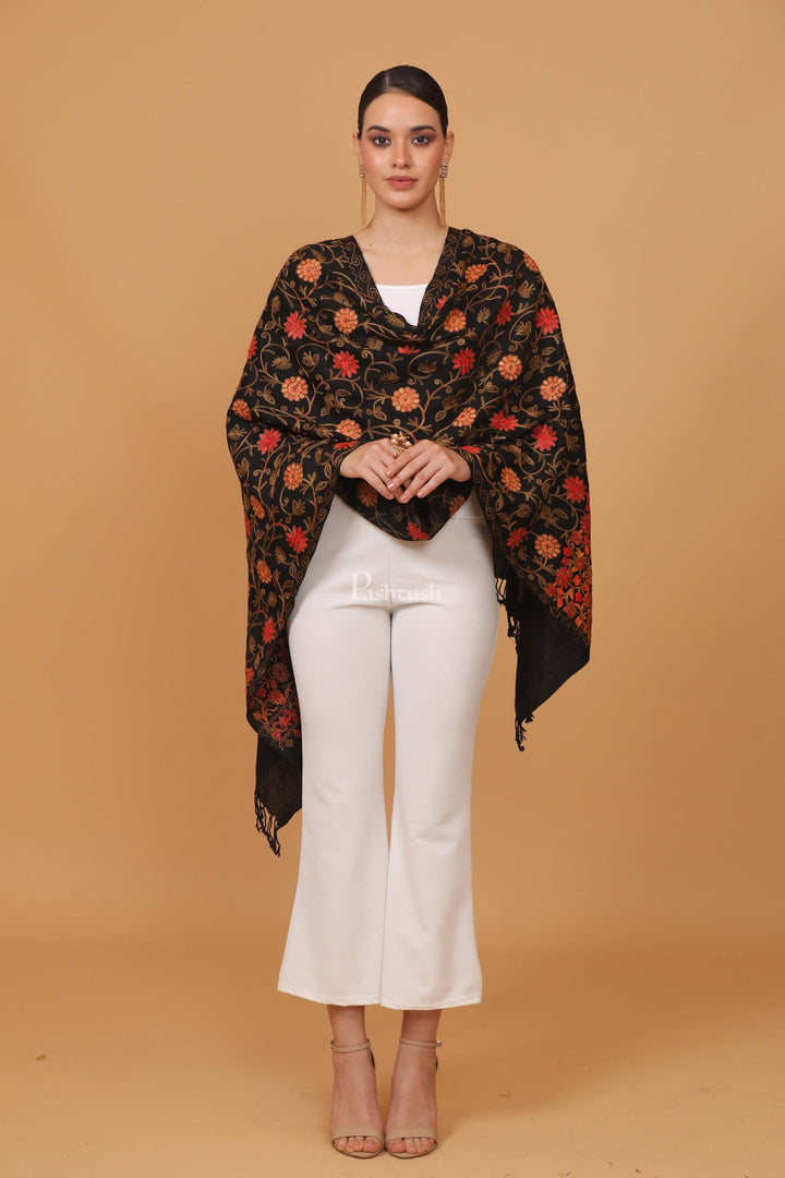 Pashtush India Womens Stoles and Scarves Scarf Pashtush womens Fine Wool stole, aari embroidery jaal design, Black