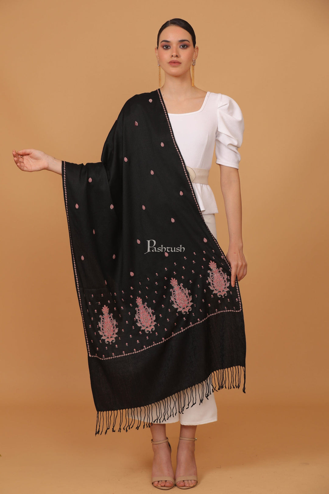 Pashtush India Womens Stoles and Scarves Scarf Pashtush womens Fine Wool stole, booti design, Black