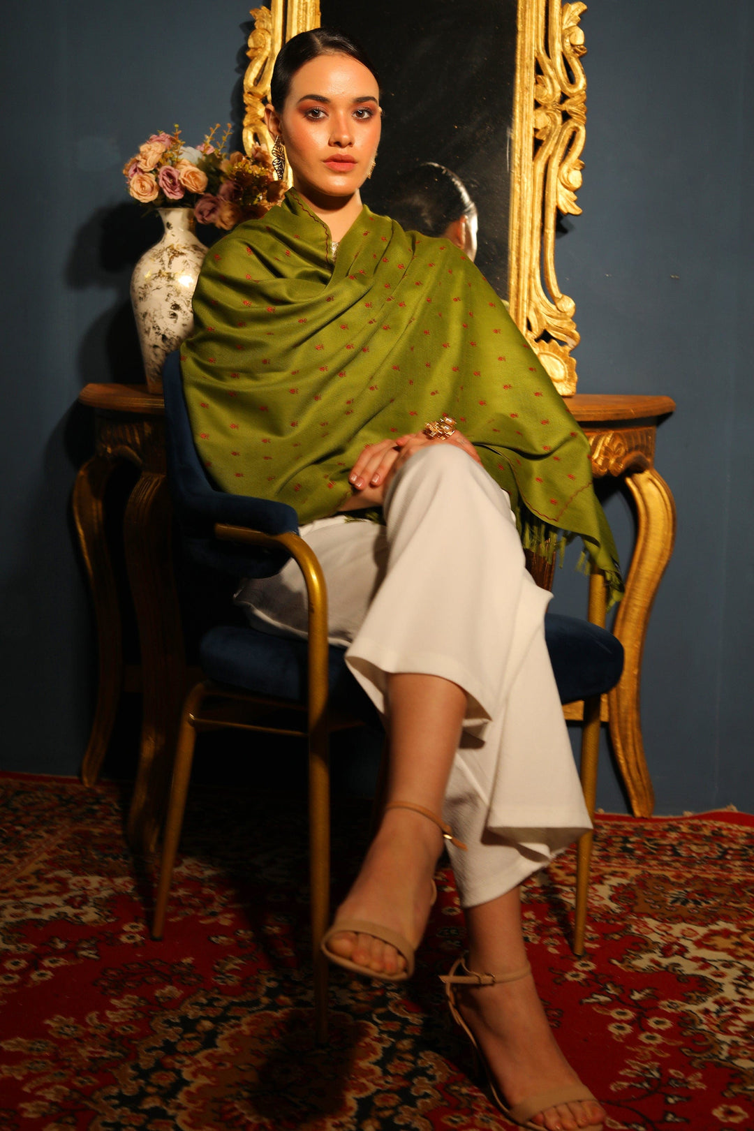 Pashtush India Womens Stoles and Scarves Scarf Pashtush womens Fine Wool stole, booti design, Emerald Green