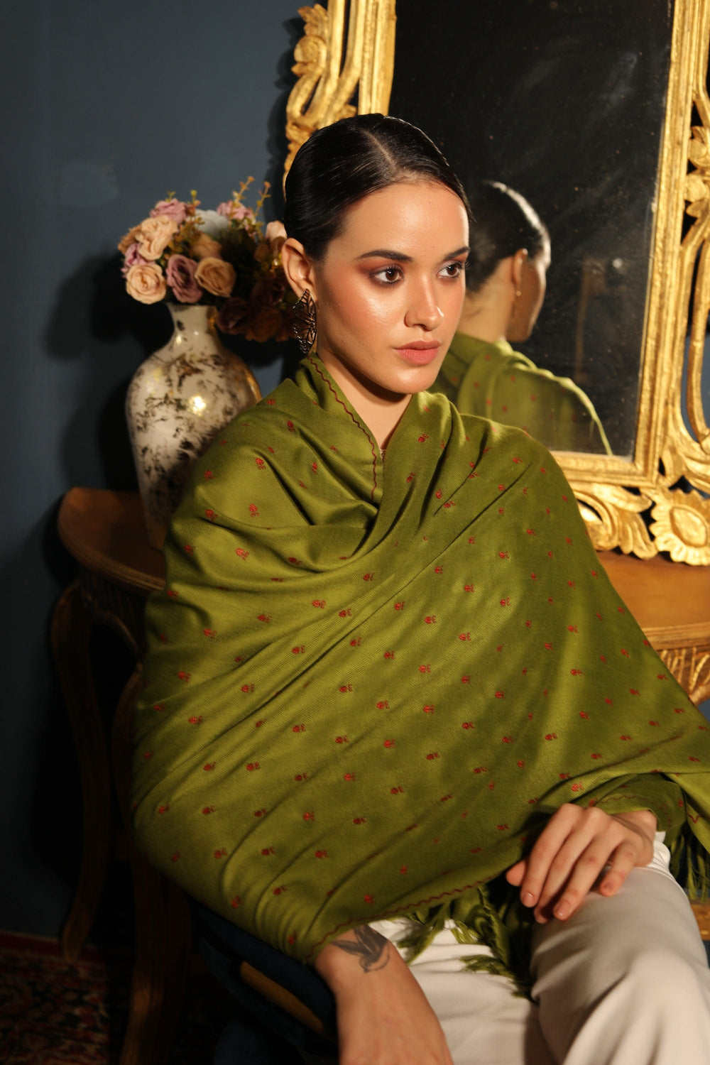 Pashtush India Womens Stoles and Scarves Scarf Pashtush womens Fine Wool stole, booti design, Emerald Green