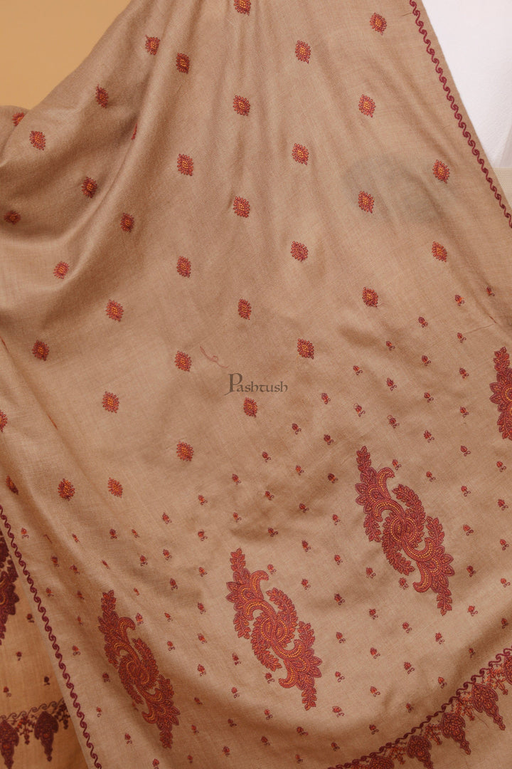 Pashtush India Womens Stoles and Scarves Scarf Pashtush womens Fine Wool stole, booti design, Taupe