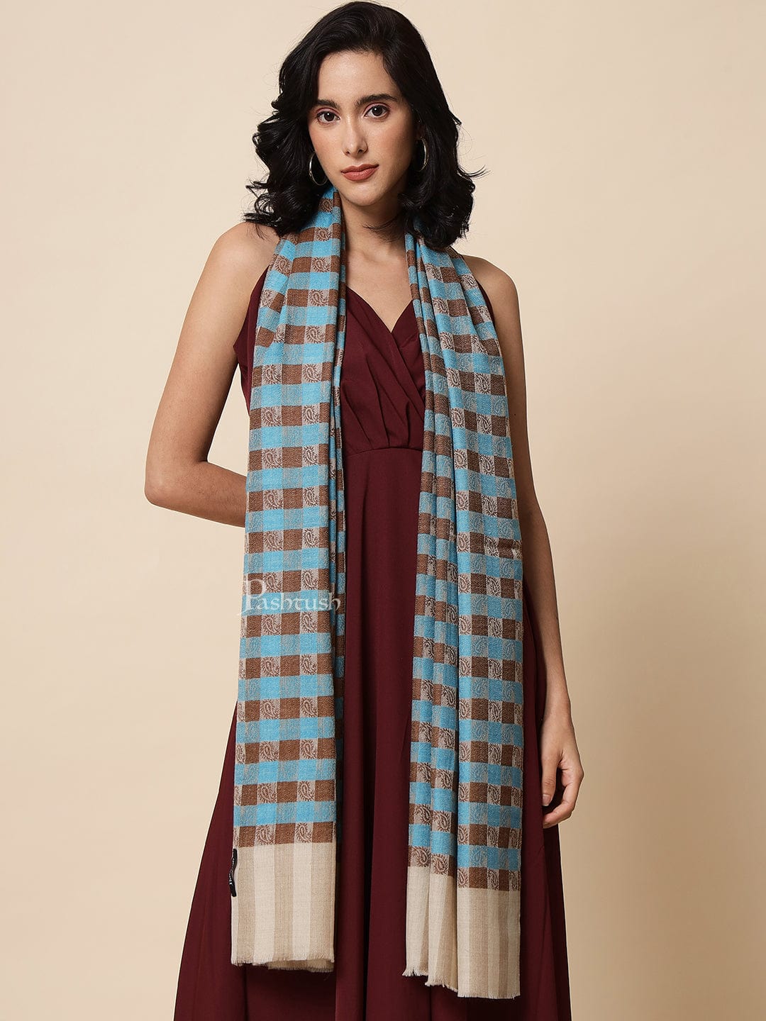 Pashtush India Womens Stoles and Scarves Scarf Pashtush womens Fine Wool Stole, Checkered design, Beige and Tuscan Blue