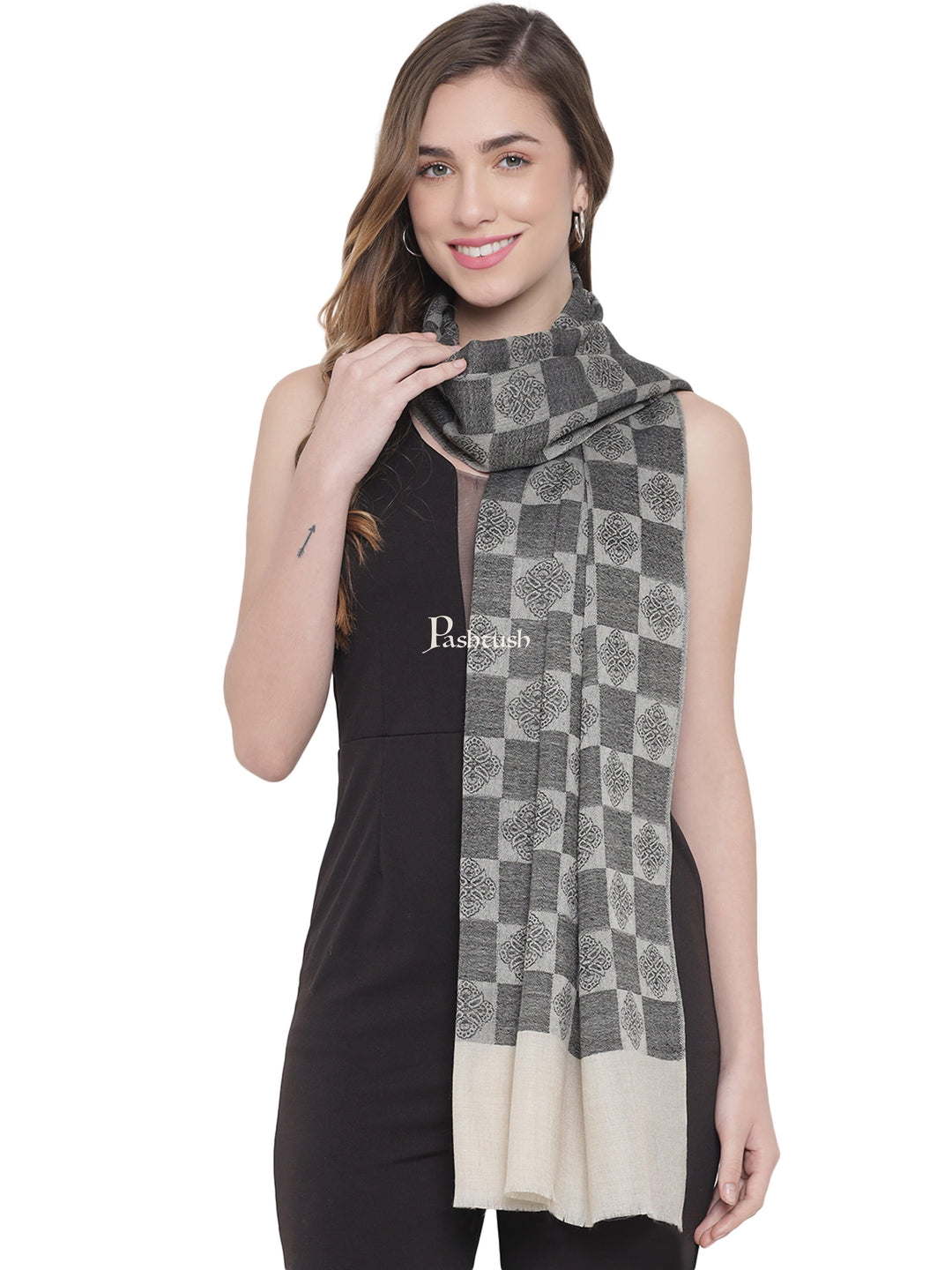 Pashtush India Womens Stoles and Scarves Scarf Pashtush Womens Fine Wool Stole, Checkered Weave, Soft and Warm, Black