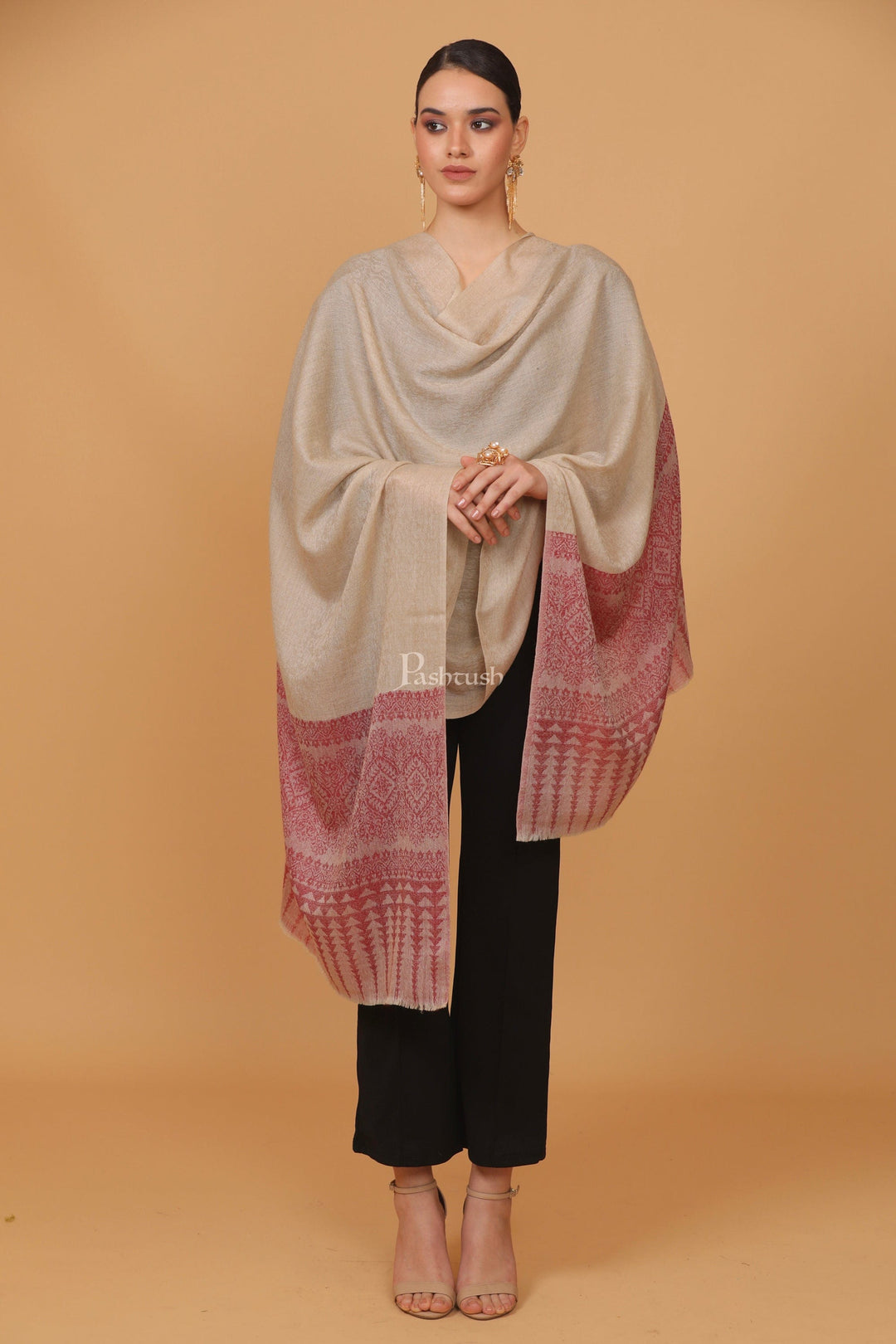 Pashtush India Womens Stoles and Scarves Scarf Pashtush womens Fine Wool stole, diamond weave design, Beige And Maroon