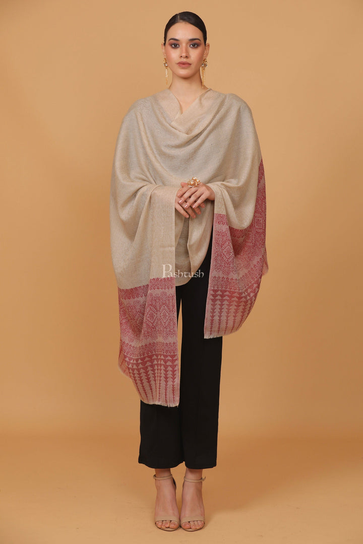 Pashtush India Womens Stoles and Scarves Scarf Pashtush womens Fine Wool stole, diamond weave design, Beige And Maroon