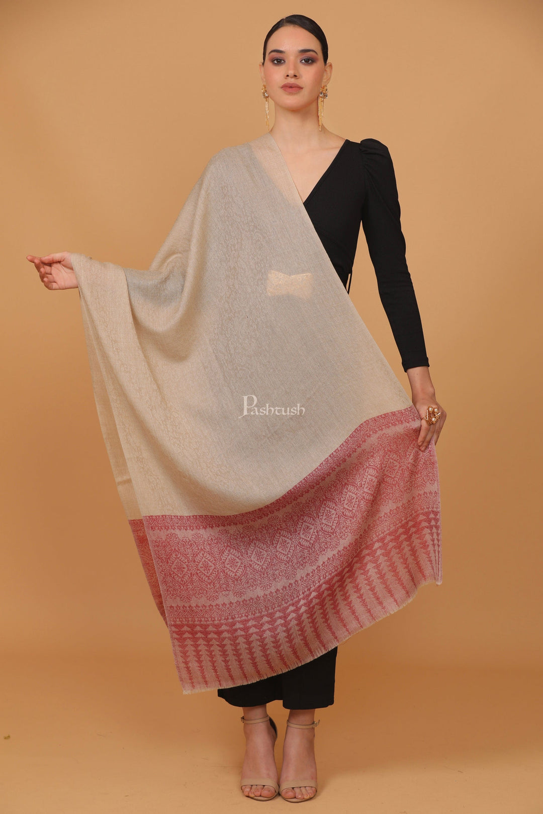 Pashtush India Womens Stoles and Scarves Scarf Pashtush womens Fine Wool stole, diamond weave design, Beige And Maroon