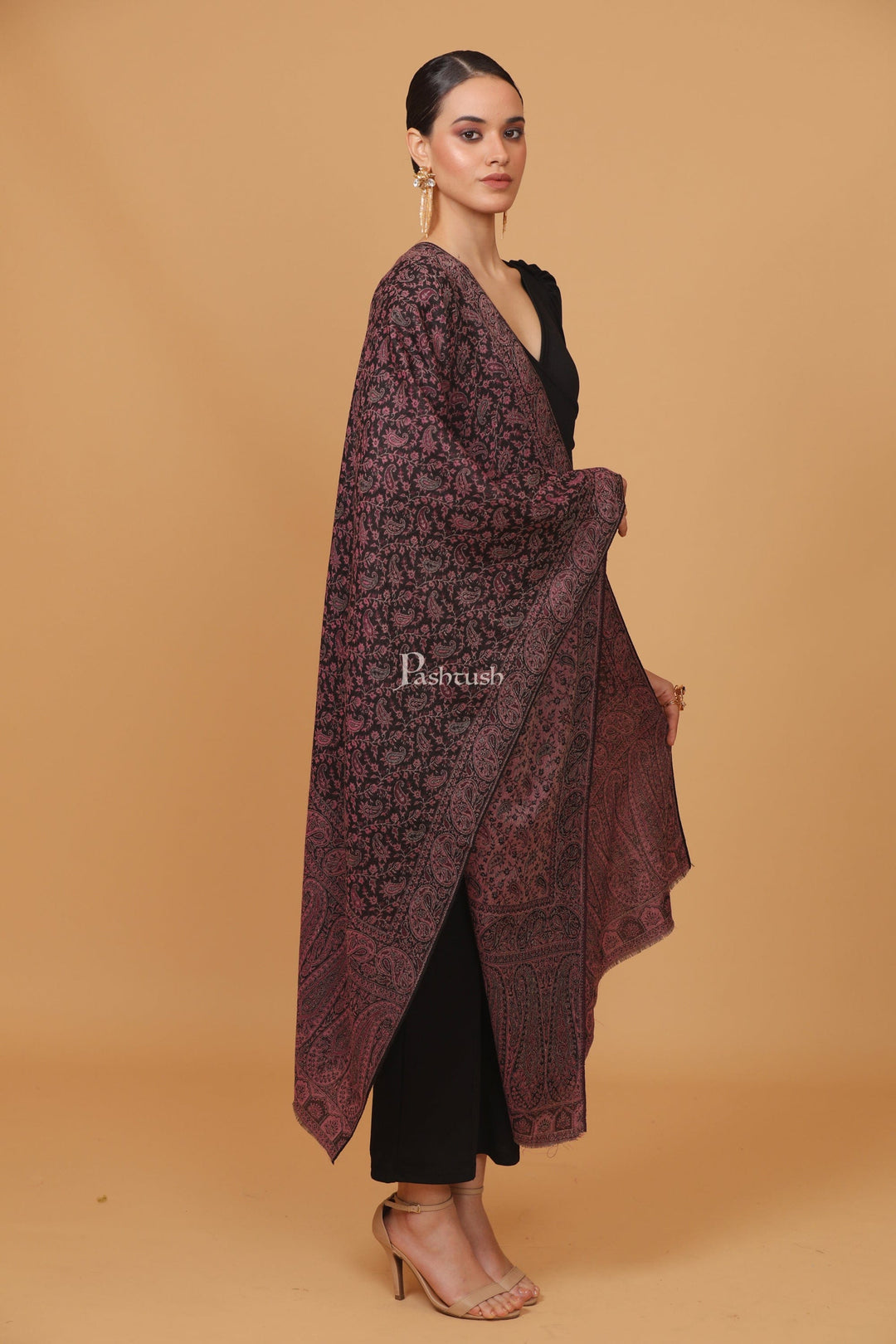 Pashtush India Womens Stoles and Scarves Scarf Pashtush womens Fine Wool stole, ethnic weave design, Light Pink And Black