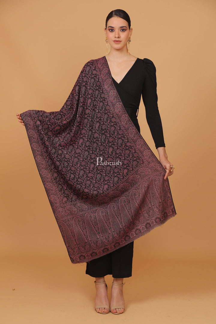 Pashtush India Womens Stoles and Scarves Scarf Pashtush womens Fine Wool stole, ethnic weave design, Light Pink And Black