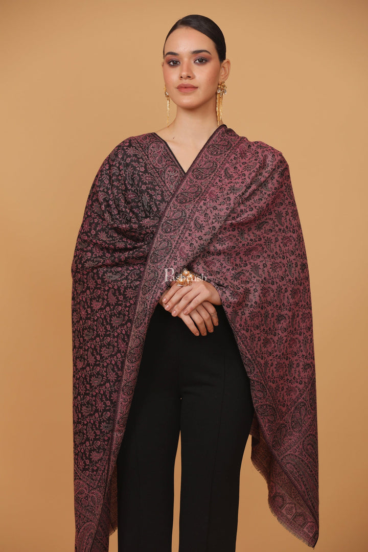 Pashtush India Womens Stoles and Scarves Scarf Pashtush womens Fine Wool stole, ethnic weave design, Light Pink And Black