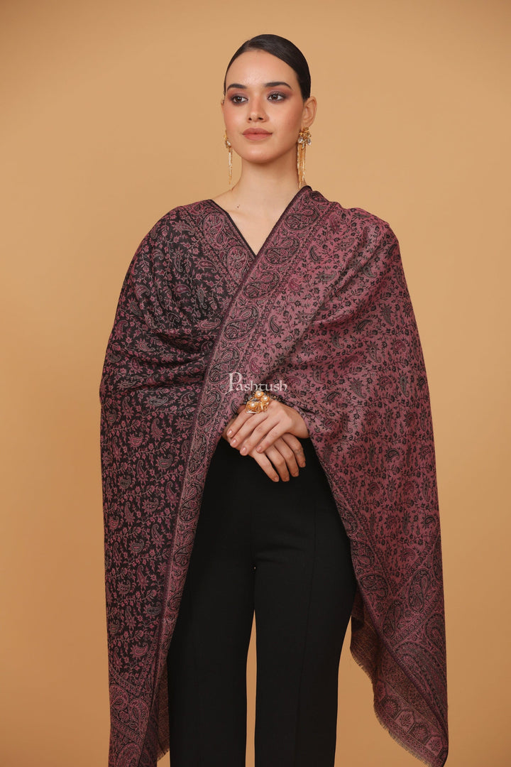 Pashtush India Womens Stoles and Scarves Scarf Pashtush womens Fine Wool stole, ethnic weave design, Light Pink And Black