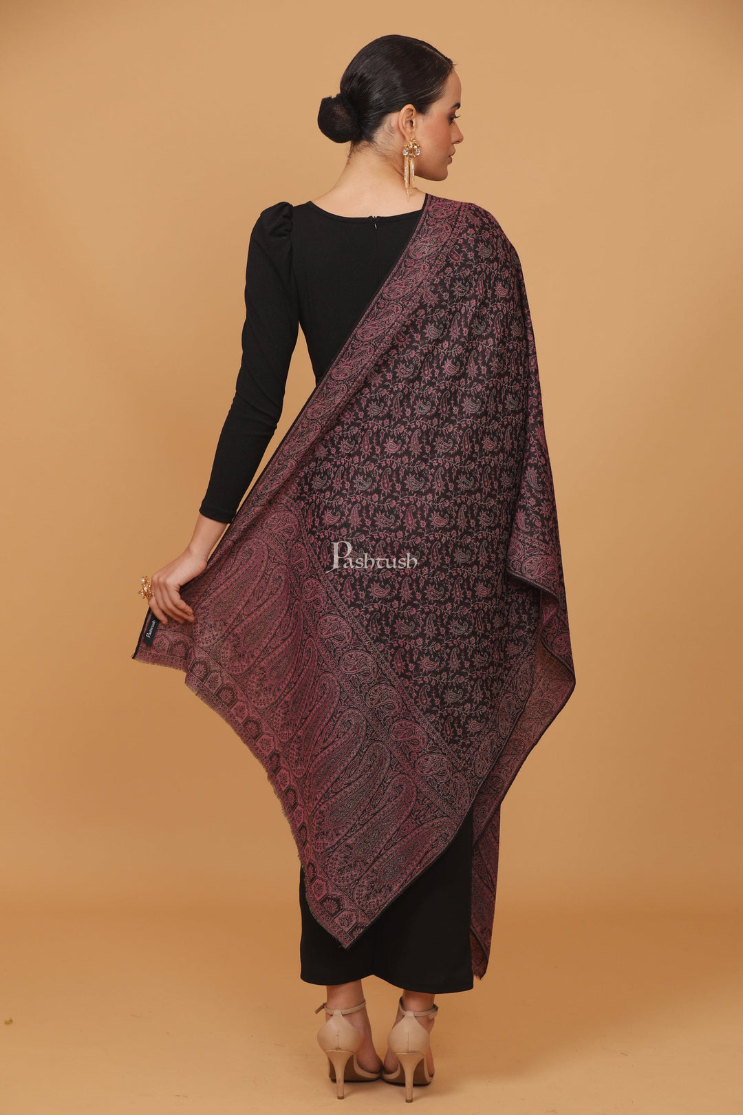 Pashtush India Womens Stoles and Scarves Scarf Pashtush womens Fine Wool stole, ethnic weave design, Light Pink And Black