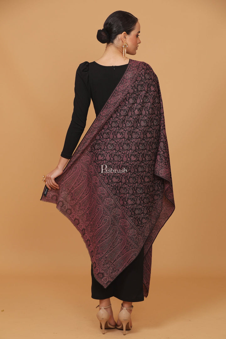 Pashtush India Womens Stoles and Scarves Scarf Pashtush womens Fine Wool stole, ethnic weave design, Light Pink And Black