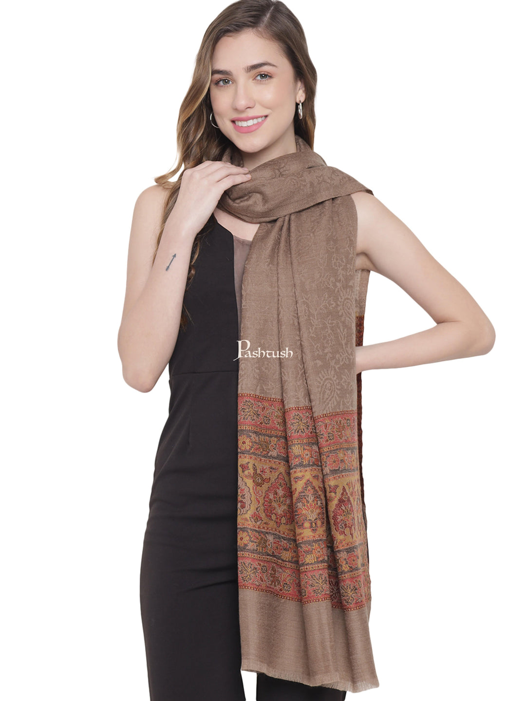 Pashtush India Womens Stoles and Scarves Scarf Pashtush Womens Fine Wool Stole, Ethnic Weave Palla, Taupe