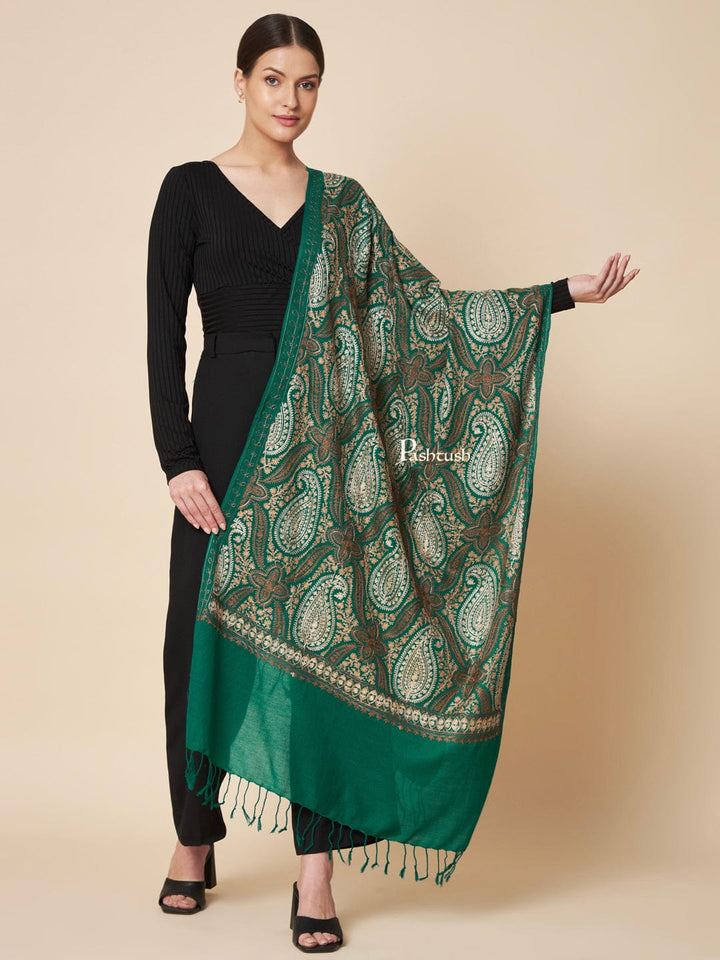 Pashtush India Womens Stoles and Scarves Scarf Pashtush Womens Fine Wool Stole, Fine Two Tone Nalki Embroidery Design, Green