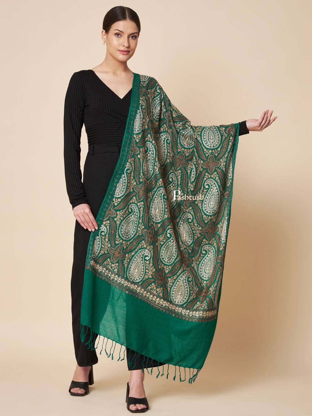 Pashtush India Womens Stoles and Scarves Scarf Pashtush Womens Fine Wool Stole, Fine Two Tone Nalki Embroidery Design, Green