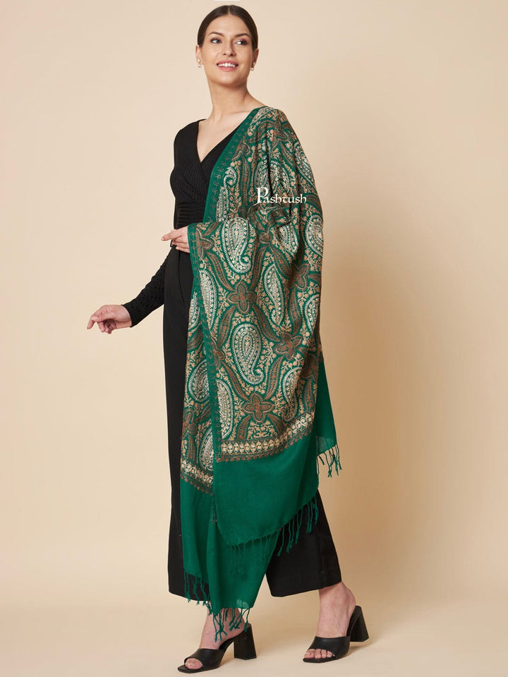 Pashtush India Womens Stoles and Scarves Scarf Pashtush Womens Fine Wool Stole, Fine Two Tone Nalki Embroidery Design, Green