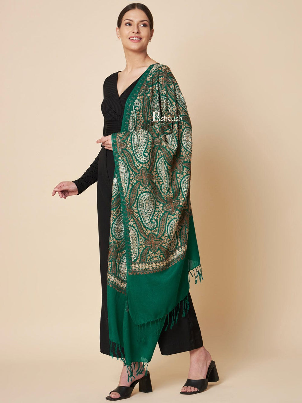 Pashtush India Womens Stoles and Scarves Scarf Pashtush Womens Fine Wool Stole, Fine Two Tone Nalki Embroidery Design, Green