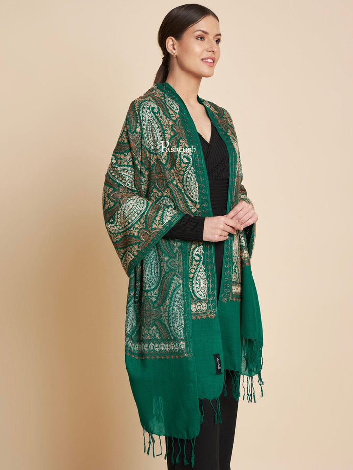 Pashtush India Womens Stoles and Scarves Scarf Pashtush Womens Fine Wool Stole, Fine Two Tone Nalki Embroidery Design, Green
