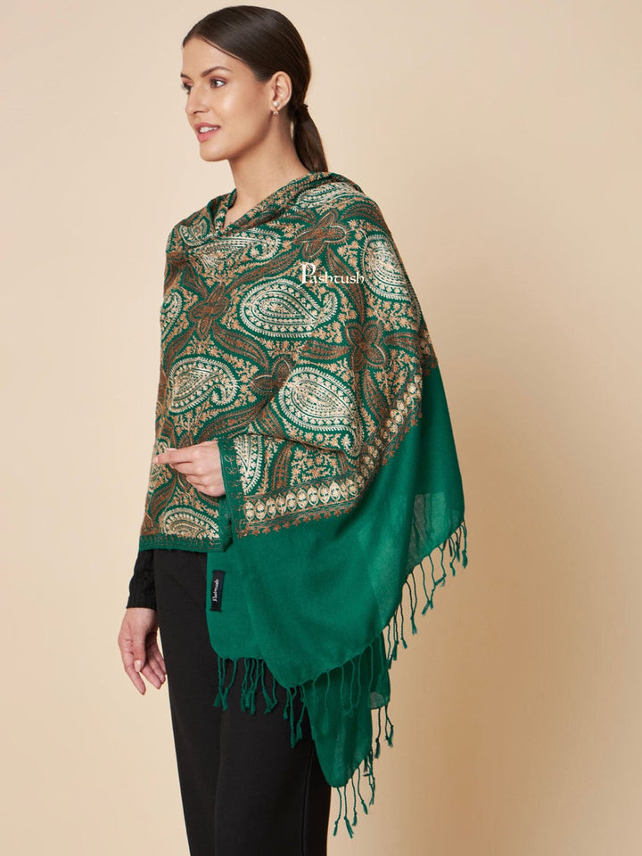 Pashtush India Womens Stoles and Scarves Scarf Pashtush Womens Fine Wool Stole, Fine Two Tone Nalki Embroidery Design, Green