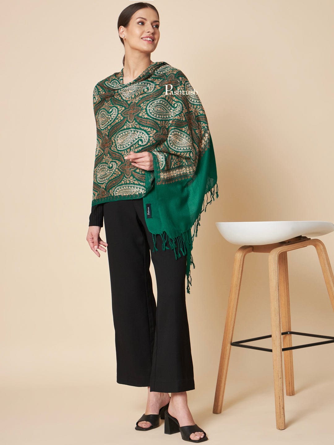 Pashtush India Womens Stoles and Scarves Scarf Pashtush Womens Fine Wool Stole, Fine Two Tone Nalki Embroidery Design, Green