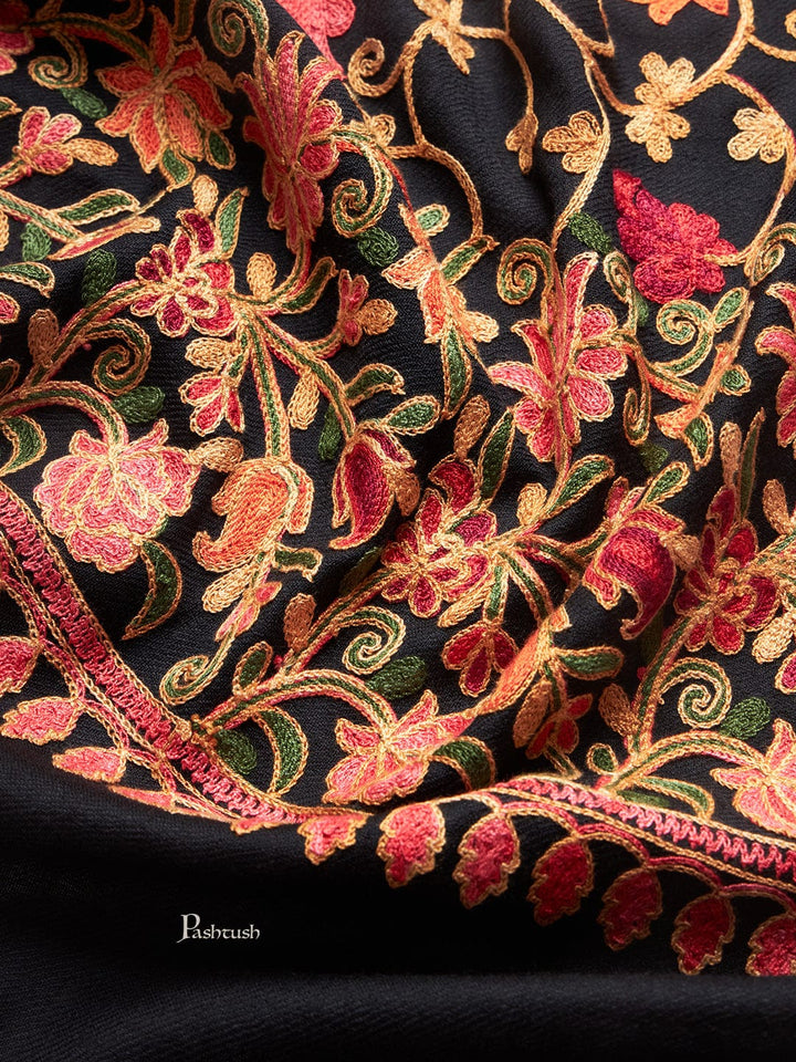 Pashtush India Womens Stoles and Scarves Scarf Pashtush Womens Fine Wool Stole, Floral Aari Embroidery Design, Black