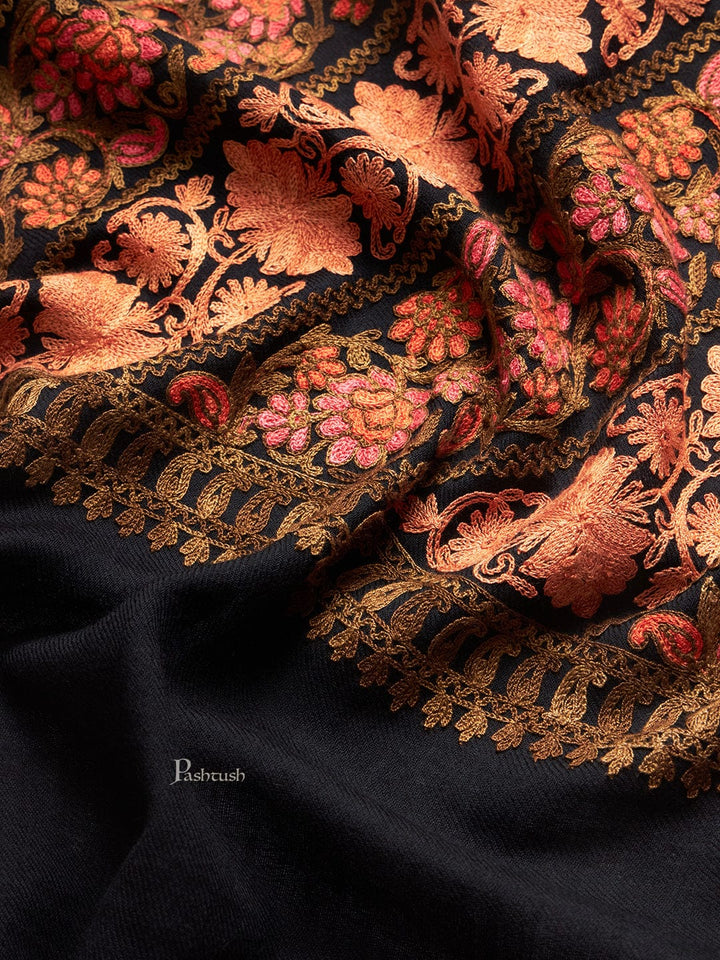 Pashtush India Womens Stoles and Scarves Scarf Pashtush Womens Fine Wool Stole, Floral Aari Embroidery Design, Black