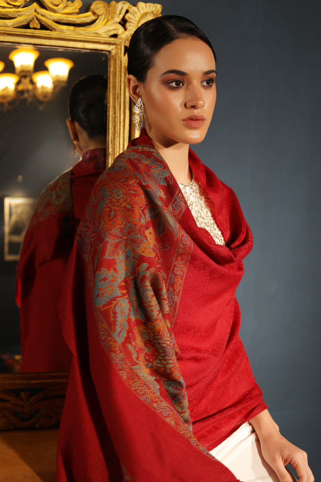 Pashtush India Womens Stoles and Scarves Scarf Pashtush womens Fine Wool stole, floral palla design, Maroon