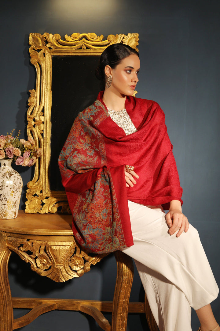 Pashtush India Womens Stoles and Scarves Scarf Pashtush womens Fine Wool stole, floral palla design, Maroon