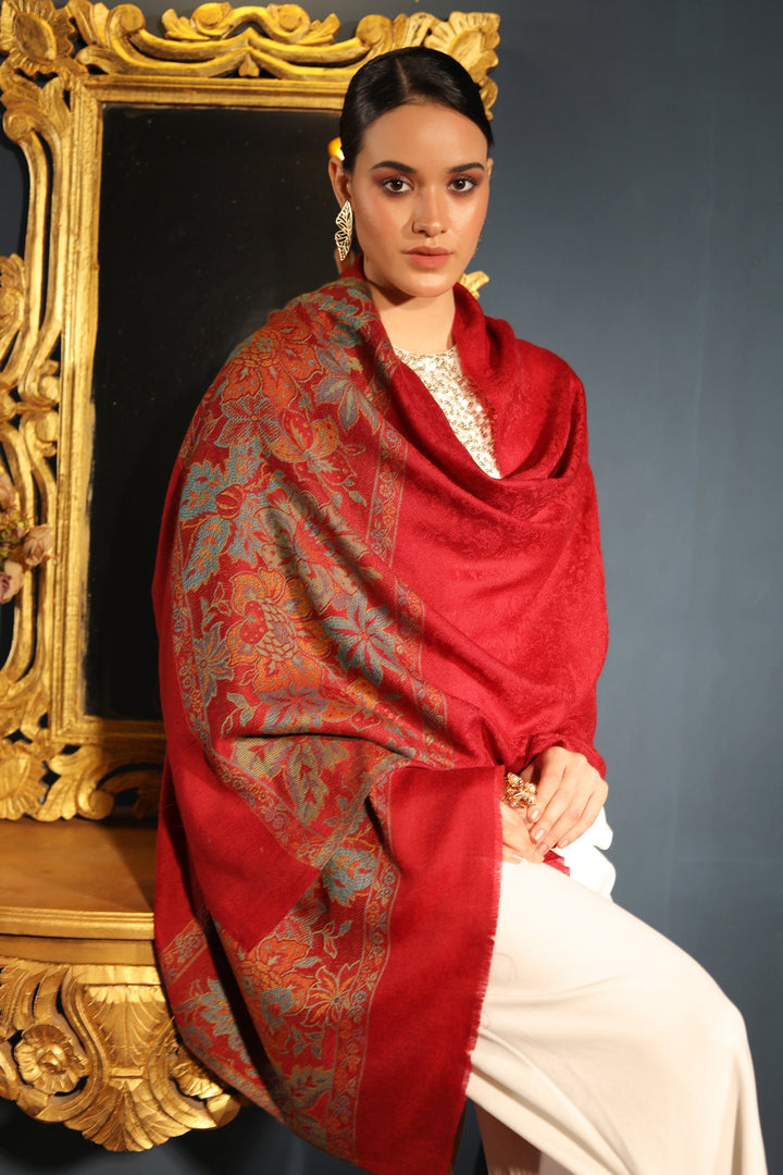 Pashtush India Womens Stoles and Scarves Scarf Pashtush womens Fine Wool stole, floral palla design, Maroon