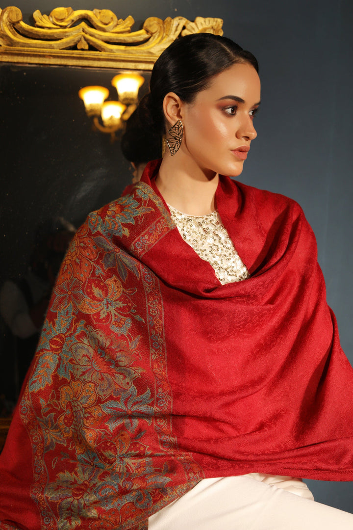 Pashtush India Womens Stoles and Scarves Scarf Pashtush womens Fine Wool stole, floral palla design, Maroon