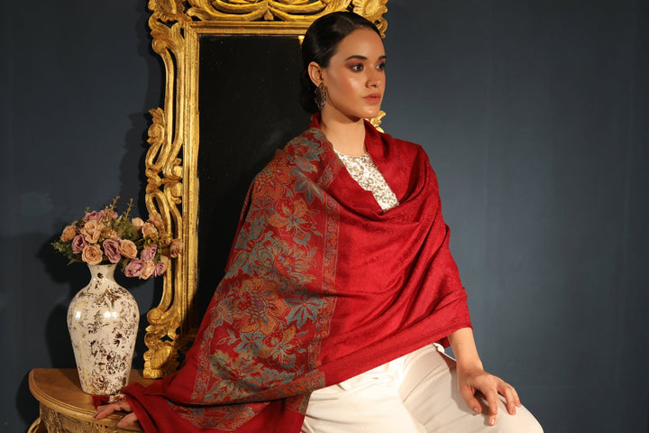 Pashtush India Womens Stoles and Scarves Scarf Pashtush womens Fine Wool stole, floral palla design, Maroon