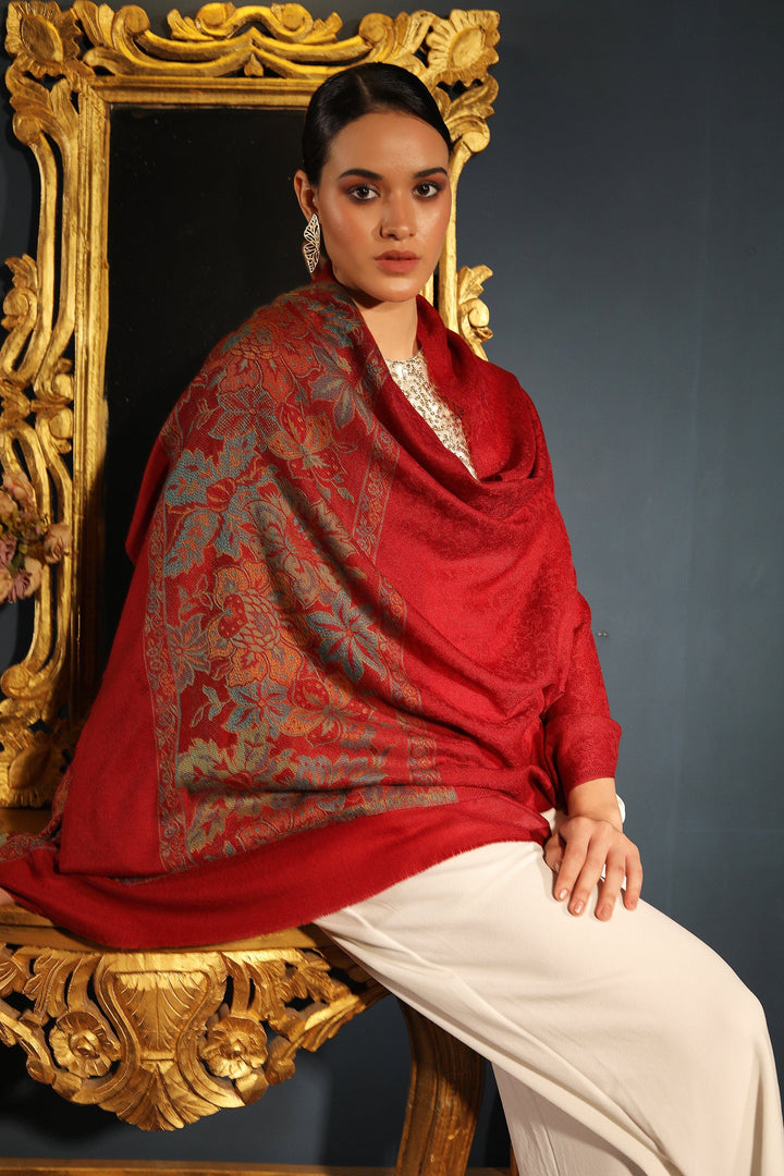 Pashtush India Womens Stoles and Scarves Scarf Pashtush womens Fine Wool stole, floral palla design, Maroon