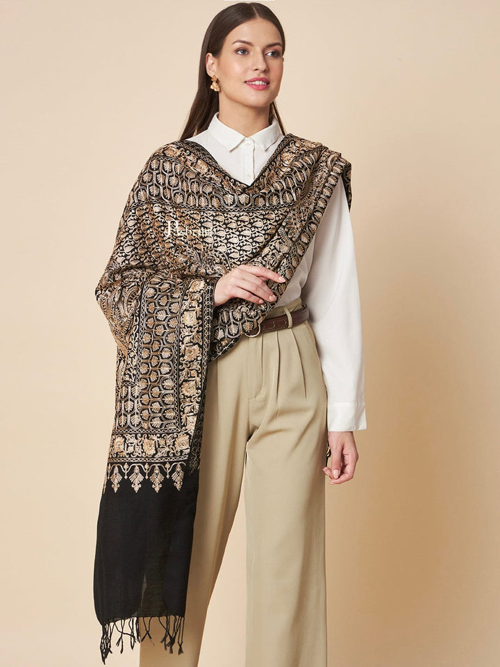 Pashtush India Womens Stoles and Scarves Scarf Pashtush Womens Fine Wool Stole, Golden Nalki Threadwork Design, Black