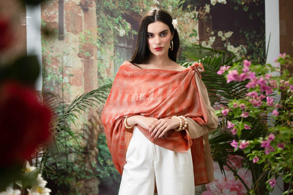 Pashtush India Womens Stoles and Scarves Scarf Pashtush womens Fine wool Stole, Ikkat design, Orange