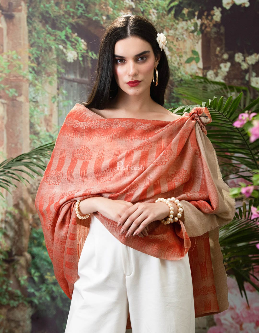 Pashtush India Womens Stoles and Scarves Scarf Pashtush womens Fine wool Stole, Ikkat design, Orange
