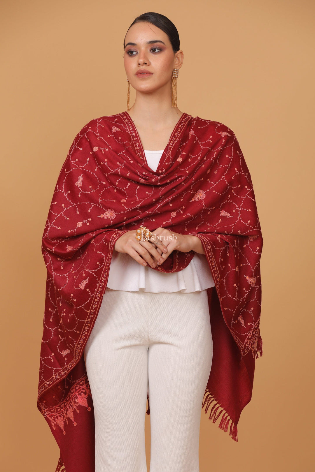 Pashtush India Womens Stoles and Scarves Scarf Pashtush womens Fine Wool stole, jaal embroidery design, Maroon