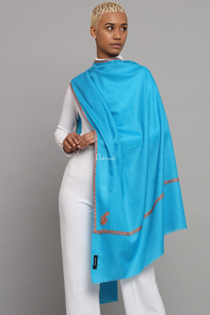 Pashtush India Womens Stoles Pashtush Womens Fine Wool Stole, Kashmiri Hand Embroidery, Kingri Design, Arabic Sea Blue