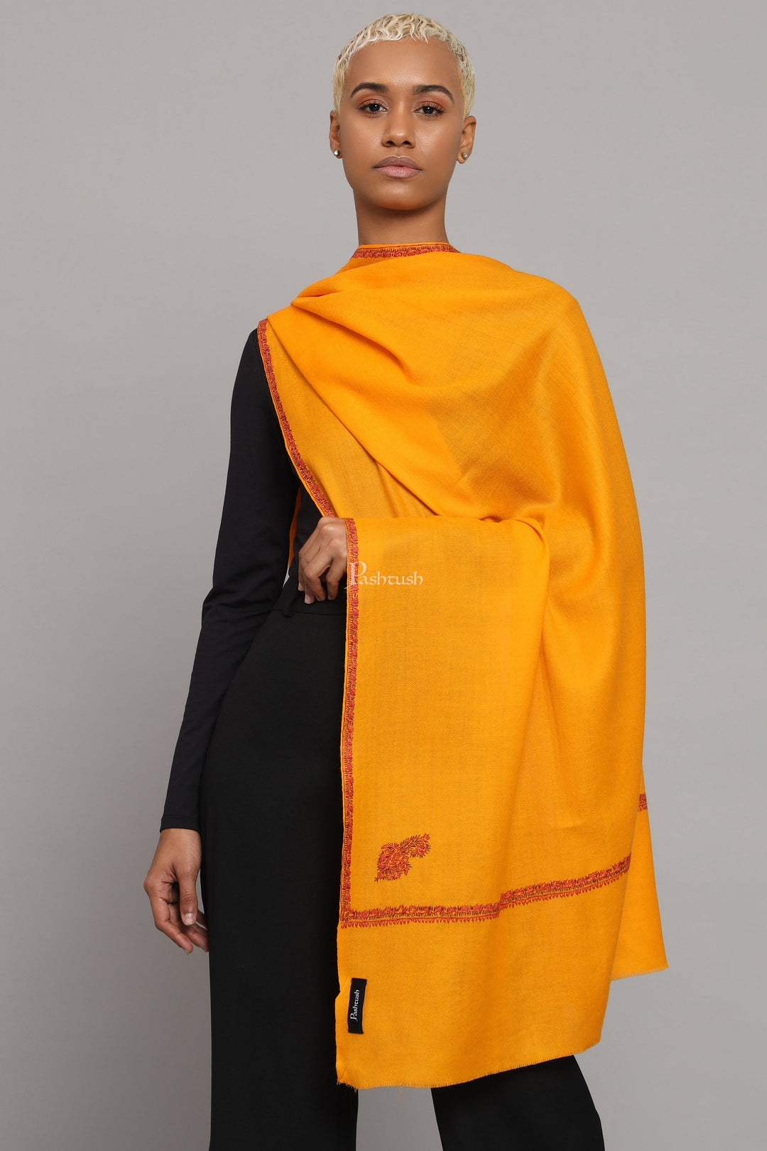 Pashtush India Womens Stoles Pashtush Womens Fine Wool Stole, Kashmiri Hand Embroidery, Kingri Design, Yellow