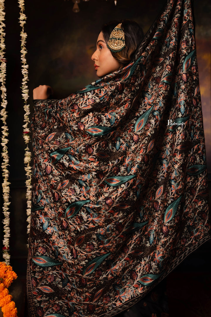 Pashtush India Womens Stoles Pashtush Womens Fine Wool Stole, Nalki Embroidery Design, Black