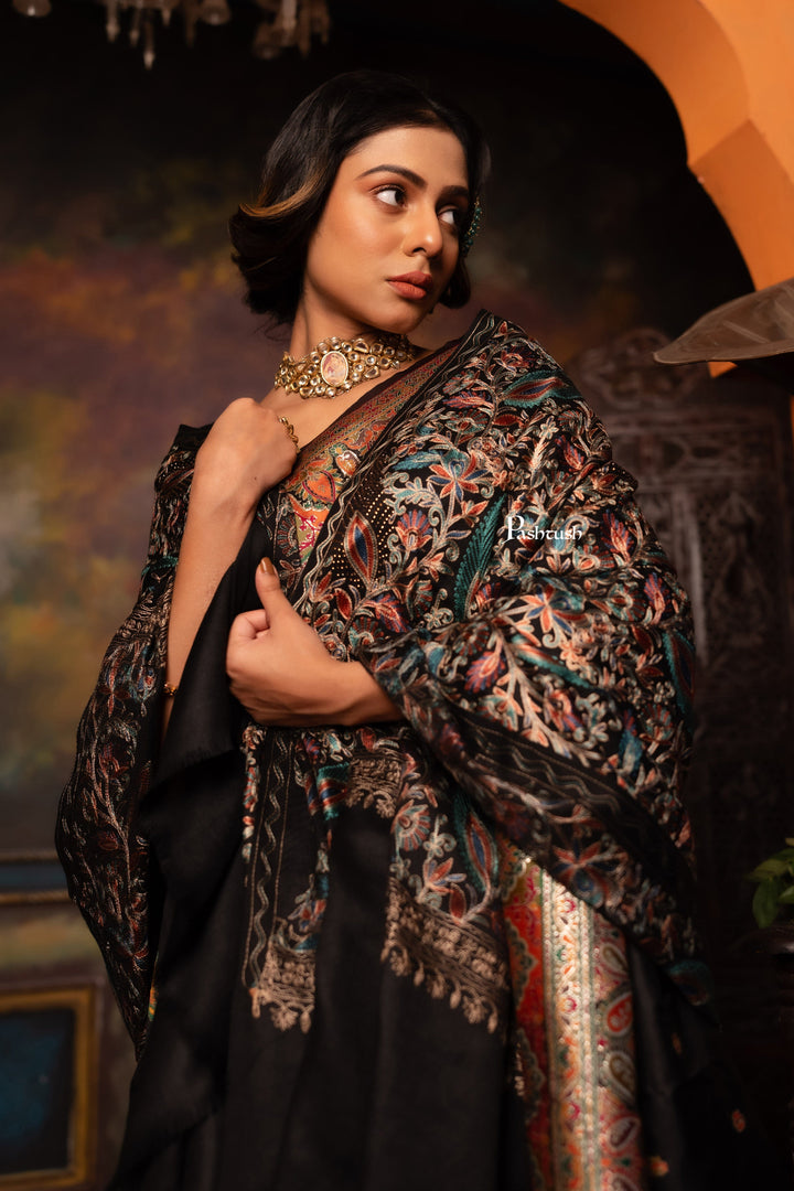 Pashtush India Womens Stoles Pashtush Womens Fine Wool Stole, Nalki Embroidery Design, Black