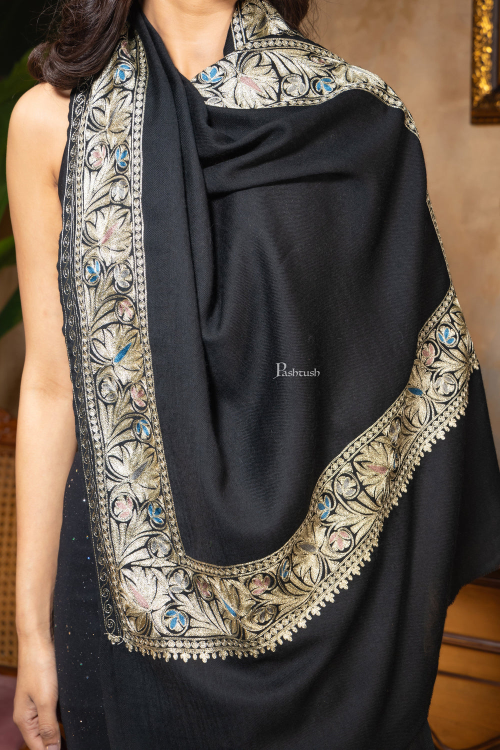 Pashtush India Womens Stoles and Scarves Scarf Pashtush Womens Fine Wool Stole, Nalki Embroidery Design, Black