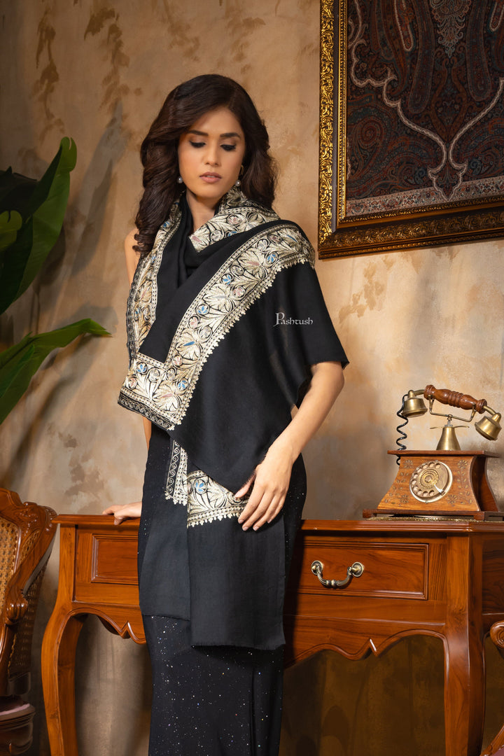 Pashtush India Womens Stoles and Scarves Scarf Pashtush Womens Fine Wool Stole, Nalki Embroidery Design, Black