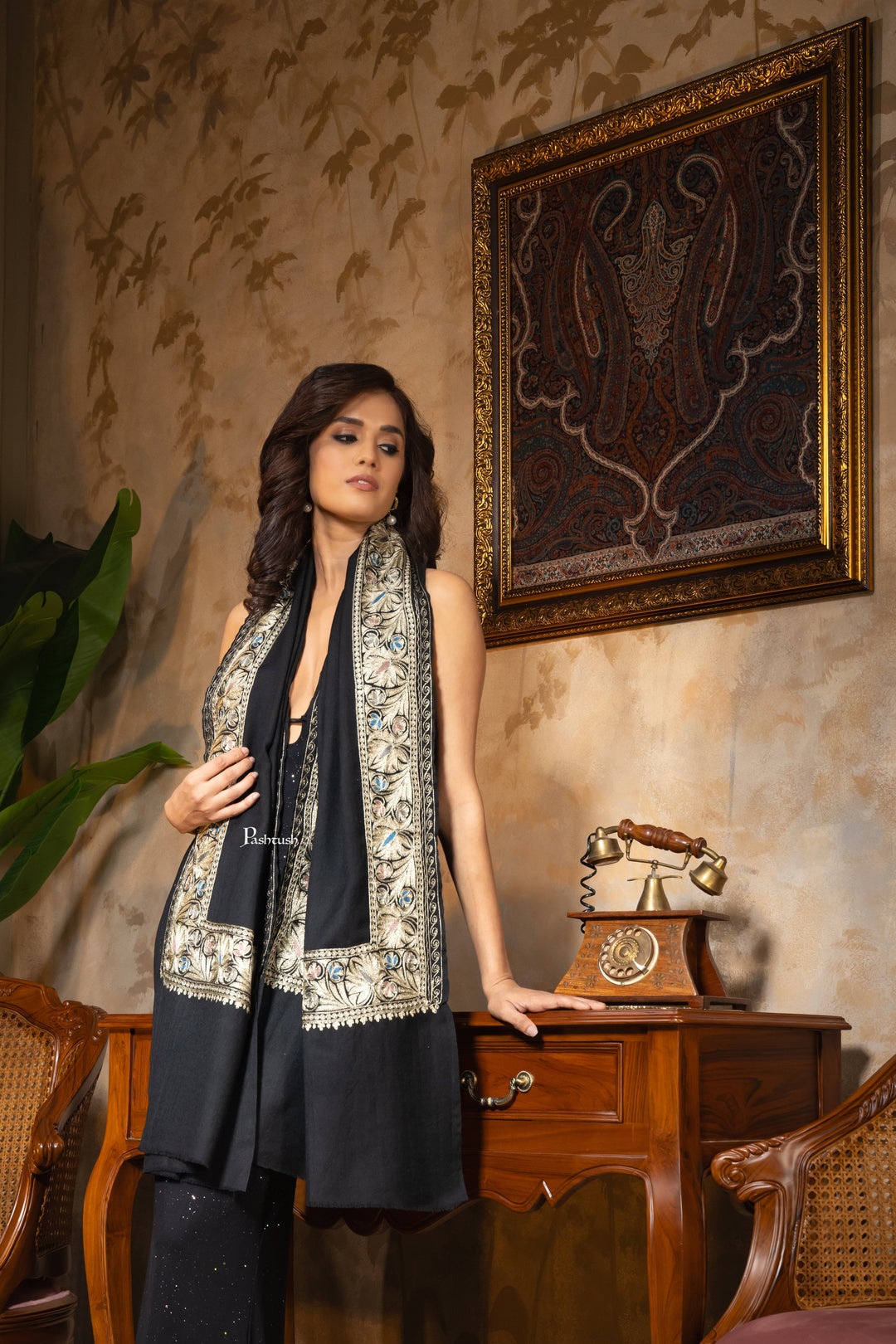 Pashtush India Womens Stoles and Scarves Scarf Pashtush Womens Fine Wool Stole, Nalki Embroidery Design, Black