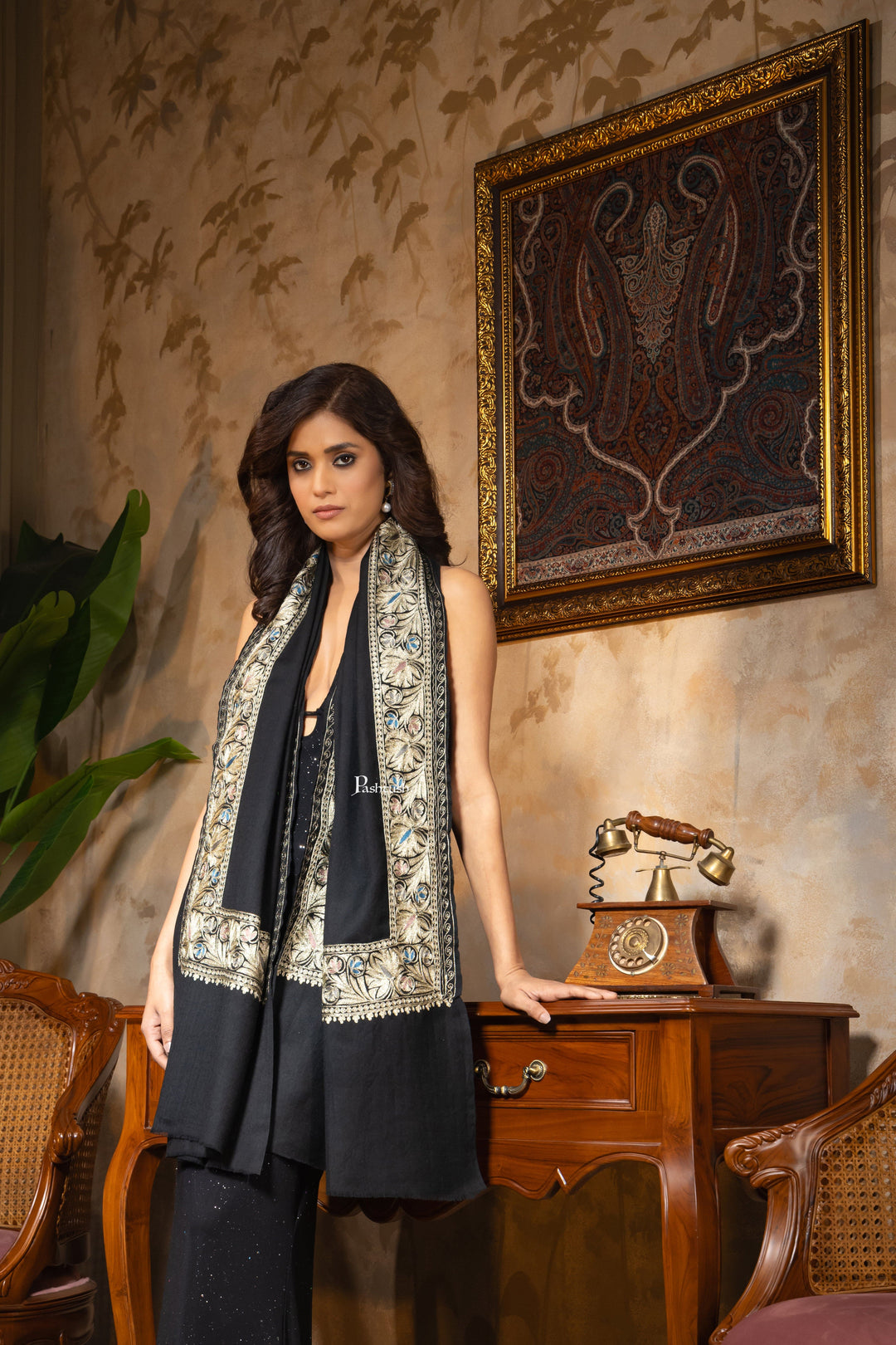 Pashtush India Womens Stoles and Scarves Scarf Pashtush Womens Fine Wool Stole, Nalki Embroidery Design, Black